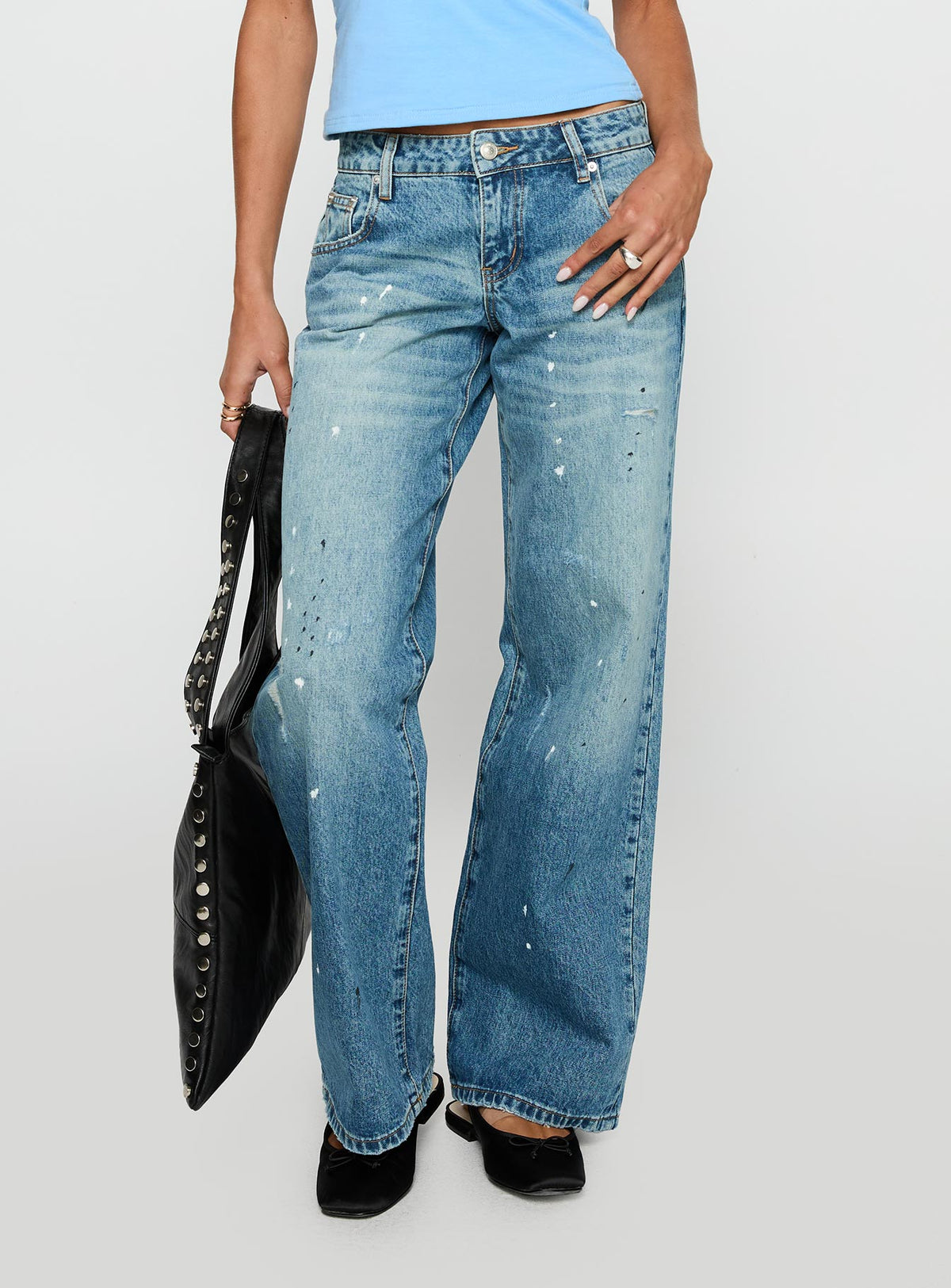 side view of model wearing Princess Polly Picasso Mid Rise Straight Leg Jeans Mid Blue Mid Rise Jeans Jeans 