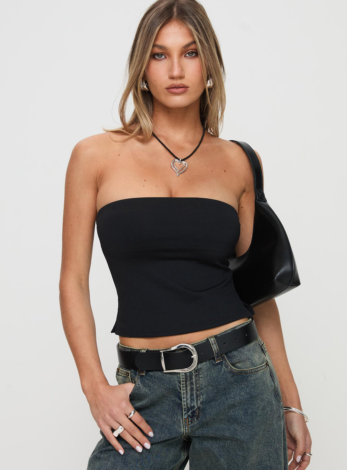 front view of model wearing Princess Polly Aurorah Strapless Top Black Sleeveless straight 