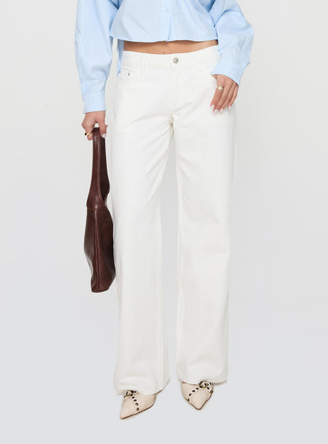 back view of model wearing Princess Polly Ellanor Low Rise Straight Leg Jeans White Mid Rise Jeans 