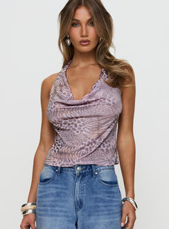 front view of model wearing Princess Polly So Feminine Halter Plunge Neck Top Multi Sleeveless Cowl 