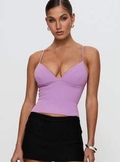 back view of model wearing Princess Polly Sculpture Top Lilac Sleeveless Plunger 