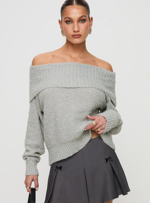 front view of model wearing Princess Polly Parkley Boucle Off The Shoulder Sweater Grey Marle Jumpers 