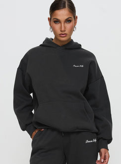 front view of model wearing Princess Polly Princess Polly Hooded Sweatshirt Bubble Script Grey Jumpers 