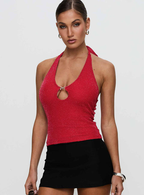 front view of model wearing Princess Polly Allende Halter Top Red Sleeveless Scoop Neck 