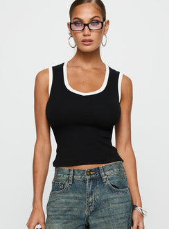 front view of model wearing Princess Polly Start Me Up Top Black / White Sleeveless Scoop Neck 