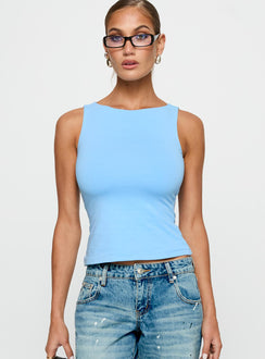 front view of model wearing Princess Polly Lose Your Number High Neck Top Blue Sleeveless Crew Neck 
