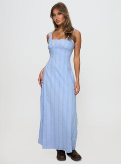 side view of model wearing Princess Polly Dasha Maxi Dress Blue Square Neck 