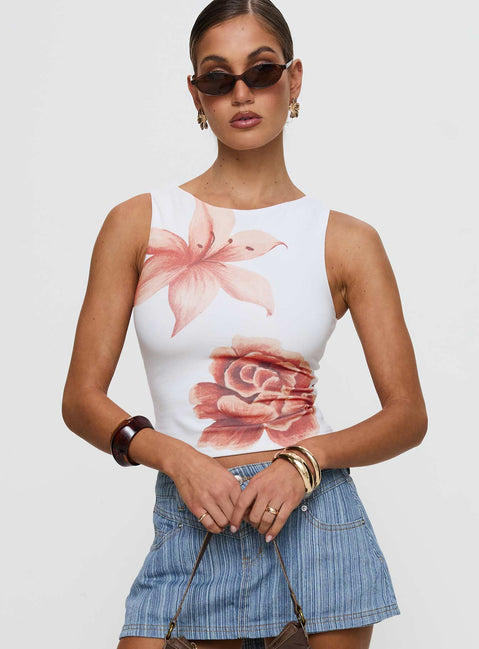 back view of model wearing Princess Polly Pegasus Boat Neck Top White Floral Sleeveless Crew Neck 