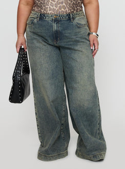 front view of model wearing Princess Polly Ribbon Stamp Low Rise Wide Leg Jeans Antique Wash Curve High Rise Jeans Jeans 