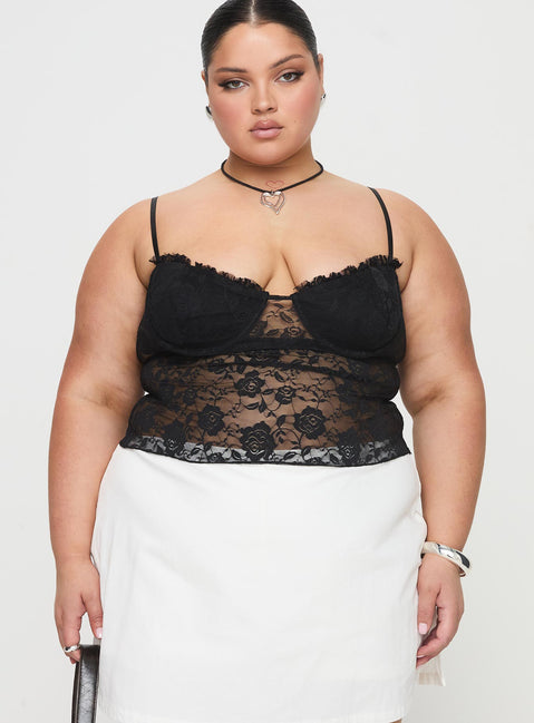 front view of model wearing Princess Polly Kerr Lace Top Black Curve Sleeveless Sweetheart 