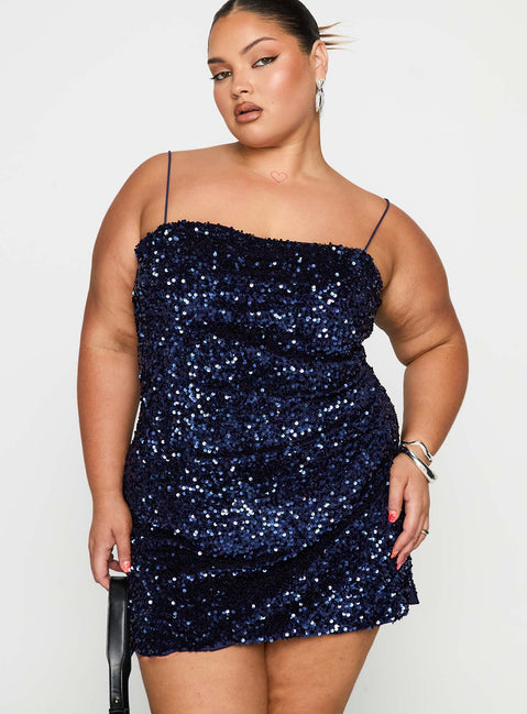 back view of model wearing Princess Polly Layney Sequin Mini Dress Navy Curve Square Neck 
