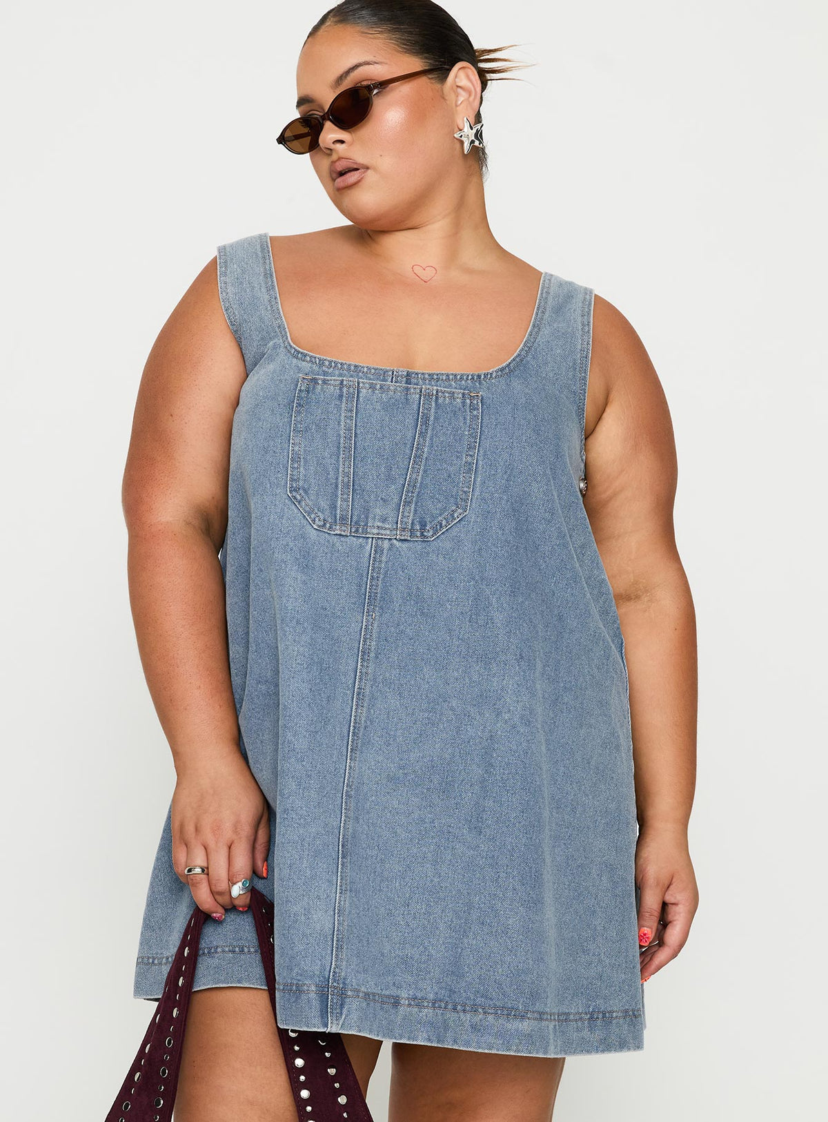 front view of model wearing Princess Polly State Of Mind Mini Dress Blue Denim Curve Scoop Neck 