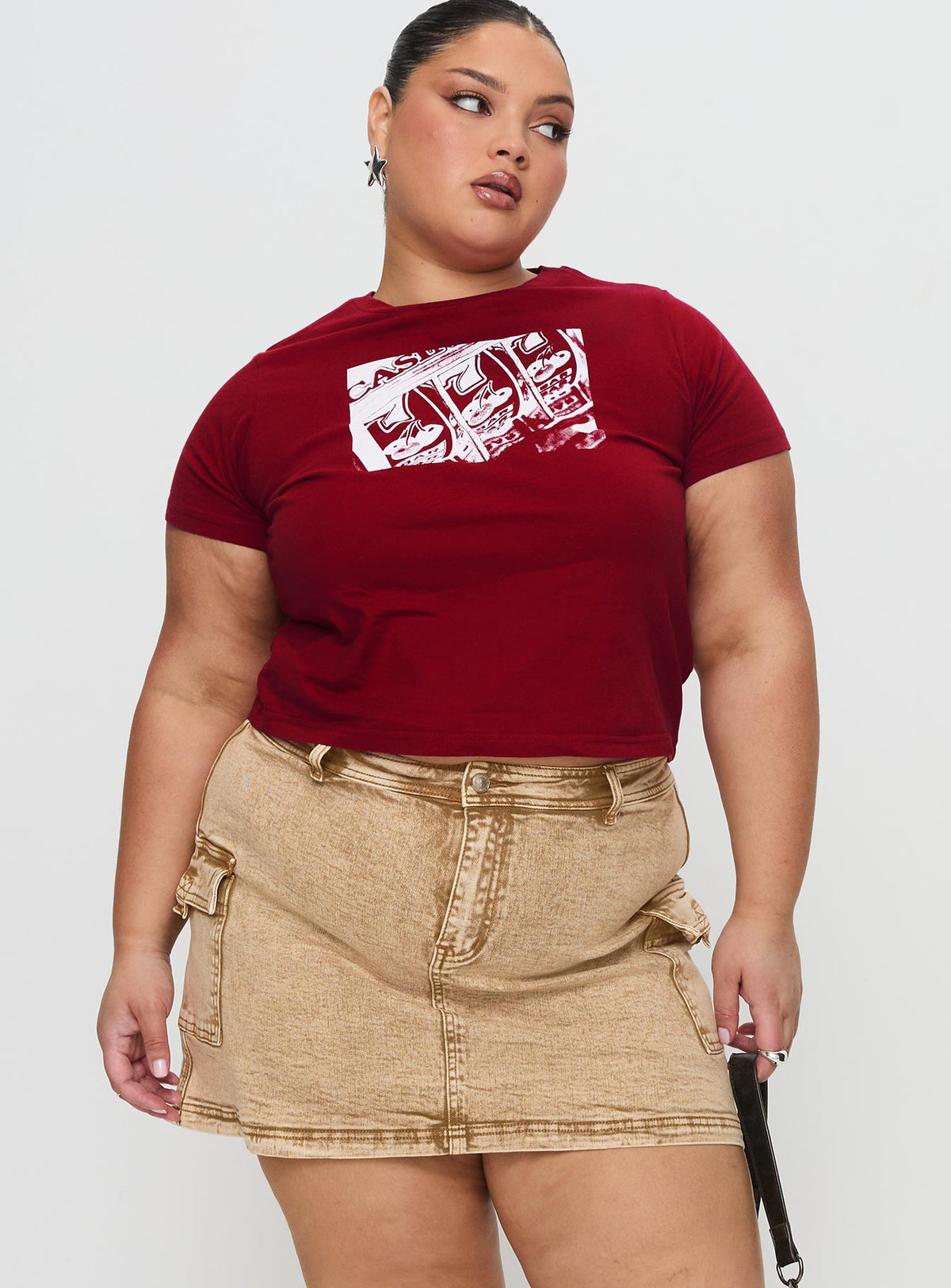   front view of model wearing Princess Polly Velveta Low Rise Denim Skirt Camel Curve Mini Skirts Skirts 