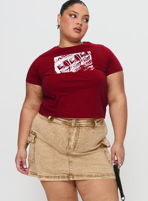   front view of model wearing Princess Polly Velveta Low Rise Denim Skirt Camel Curve Mini Skirts Skirts 