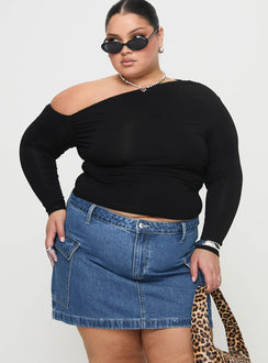   front view of model wearing Princess Polly Zakai Cargo Denim Mini Skirt Mid Blue Curve Mini Skirts Skirts 