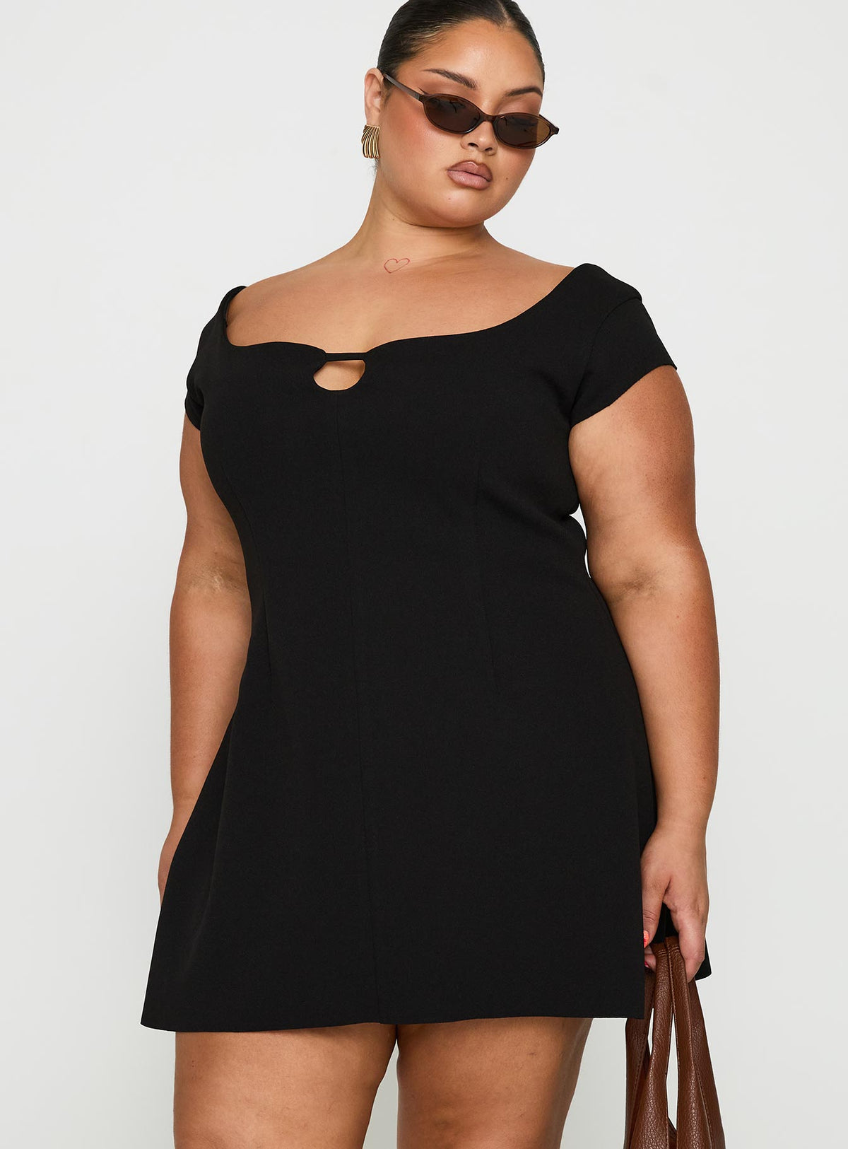 front view of model wearing Princess Polly Sylvette Mini Dress Black Curve Scoop Neck 