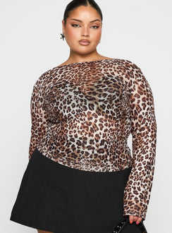 side view of model wearing Princess Polly Believe Me Long Sleeve Top Leopard Curve Full Sleeves Boat Neck 