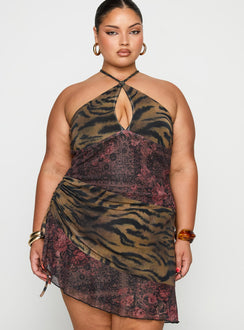 front view of model wearing Princess Polly Syrefena Halter Mini Dress Multi Curve Plunger 
