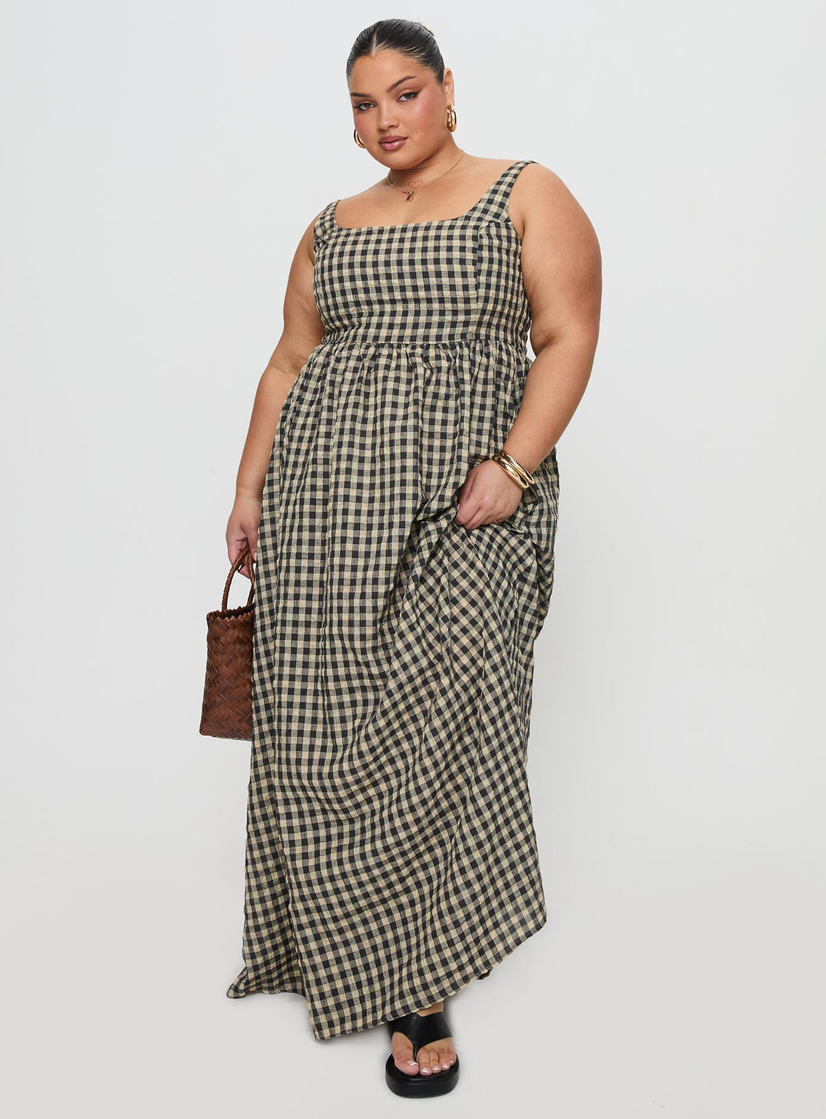 front view of model wearing Princess Polly Cartmel Check Maxi Dress Black / Cream Curve Square Neck 