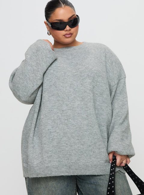 front view of model wearing Princess Polly Ryanna Sweater Grey Curve Longline Jumpers Jumpers 
