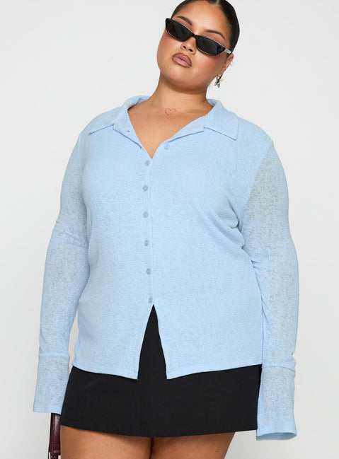 front view of model wearing Princess Polly Finnean Long Sleeve Top Pale Blue Curve Full Sleeves V-Neck 