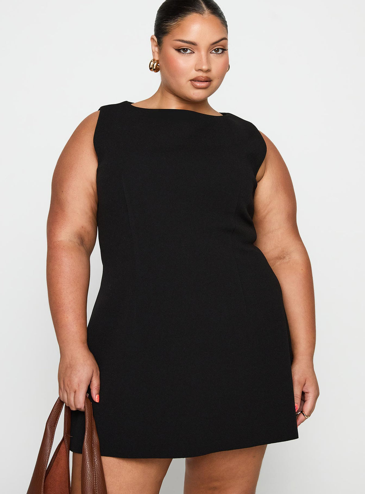front view of model wearing Princess Polly Anse Mini Dress Black Curve Crew Neck 