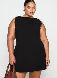 front view of model wearing Princess Polly Anse Mini Dress Black Curve Crew Neck 