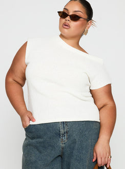 front view of model wearing Princess Polly Ashfield Off Shoulder Top White Curve Short Sleeves Asymmetric Neckline 