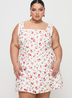 front view of model wearing Princess Polly Dasha Mini Dress White Floral Curve Square Neck 