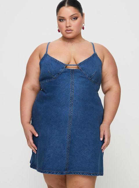 front view of model wearing Princess Polly Arwen Denim Mini Dress Blue Curve Plunger 