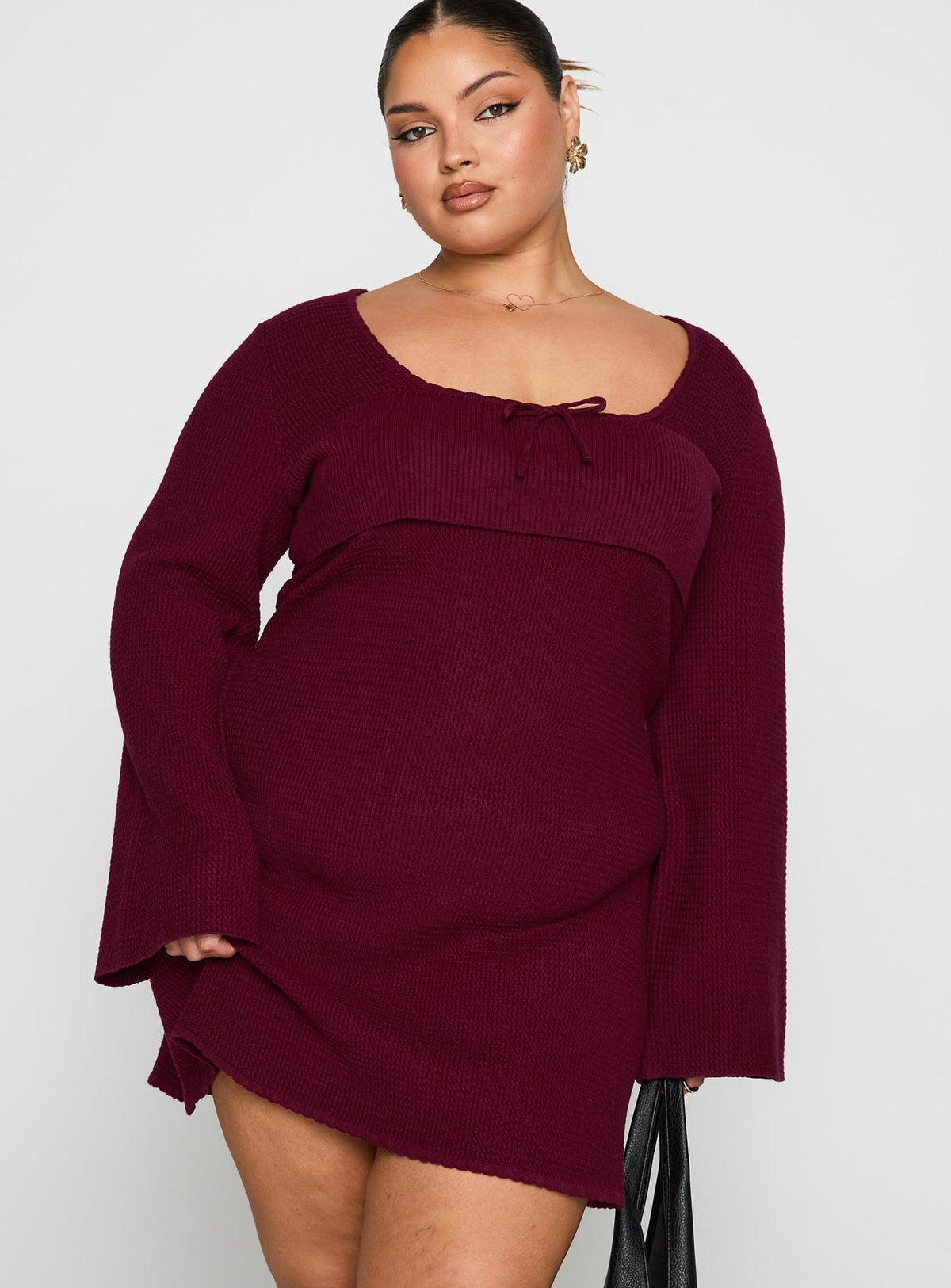 front view of model wearing Princess Polly Sandyra Knit Mini Dress Maroon Curve Square Neck 