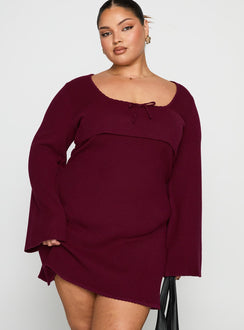 front view of model wearing Princess Polly Sandyra Knit Mini Dress Maroon Curve Square Neck 