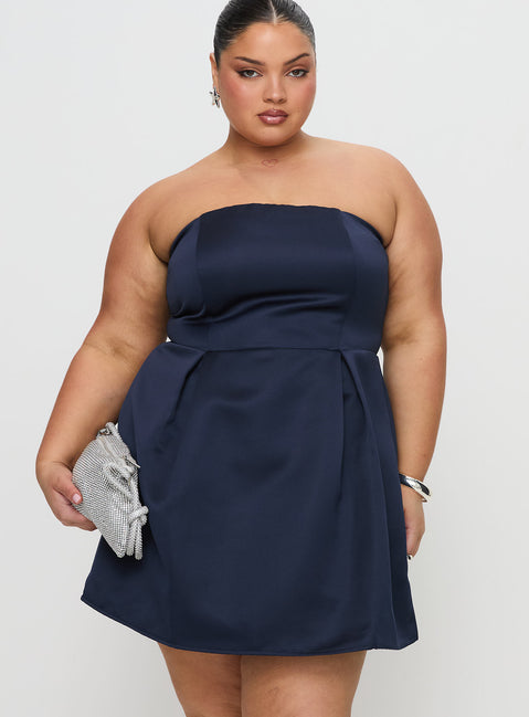 front view of model wearing Princess Polly Spader Corset Mini Dress Navy Curve Straight Neck 