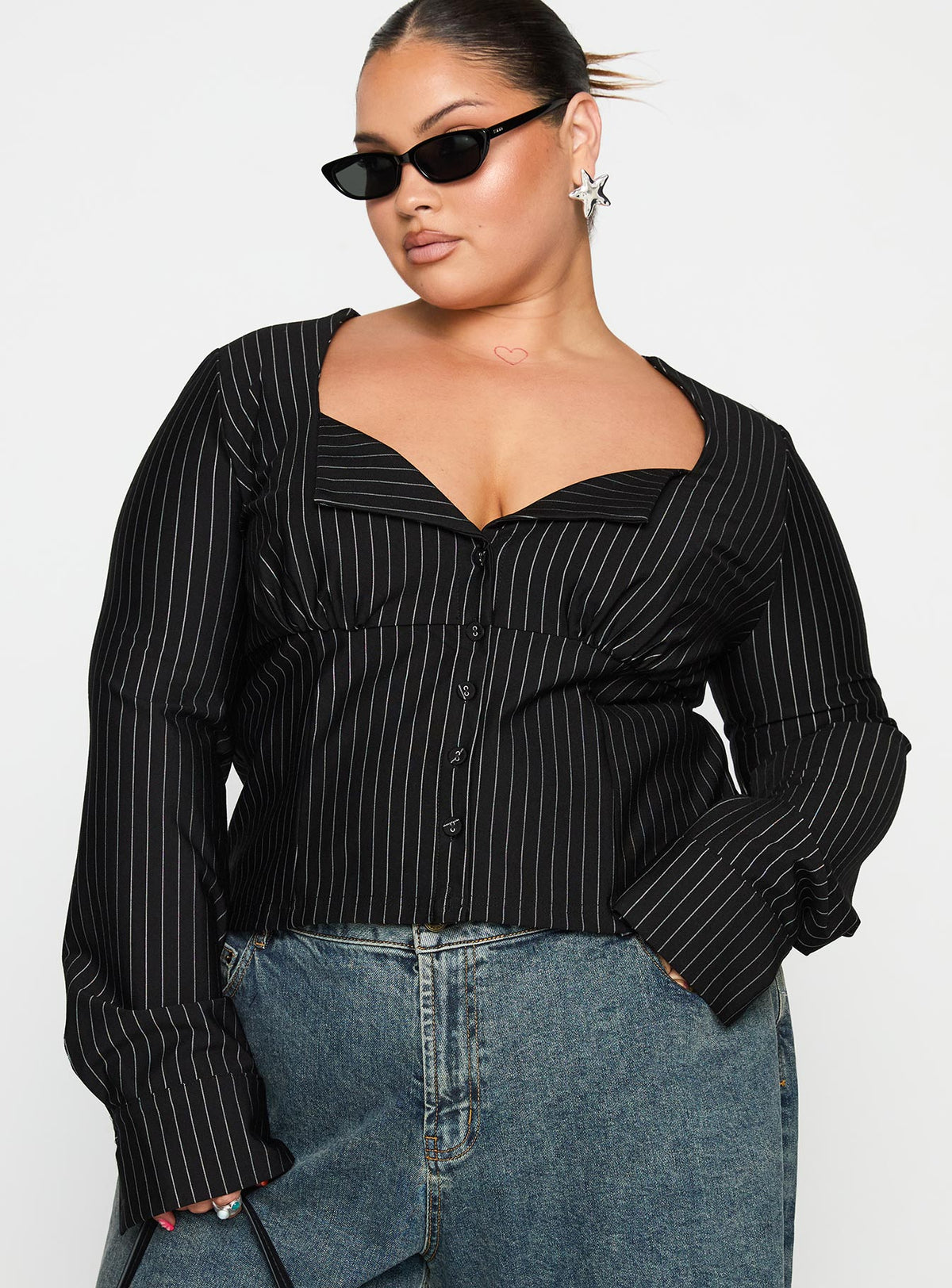 front view of model wearing Princess Polly Set For Life Foldover Detail Long Sleeve Top Black / White Pinstripe Curve Full Sleeves Sweetheart 