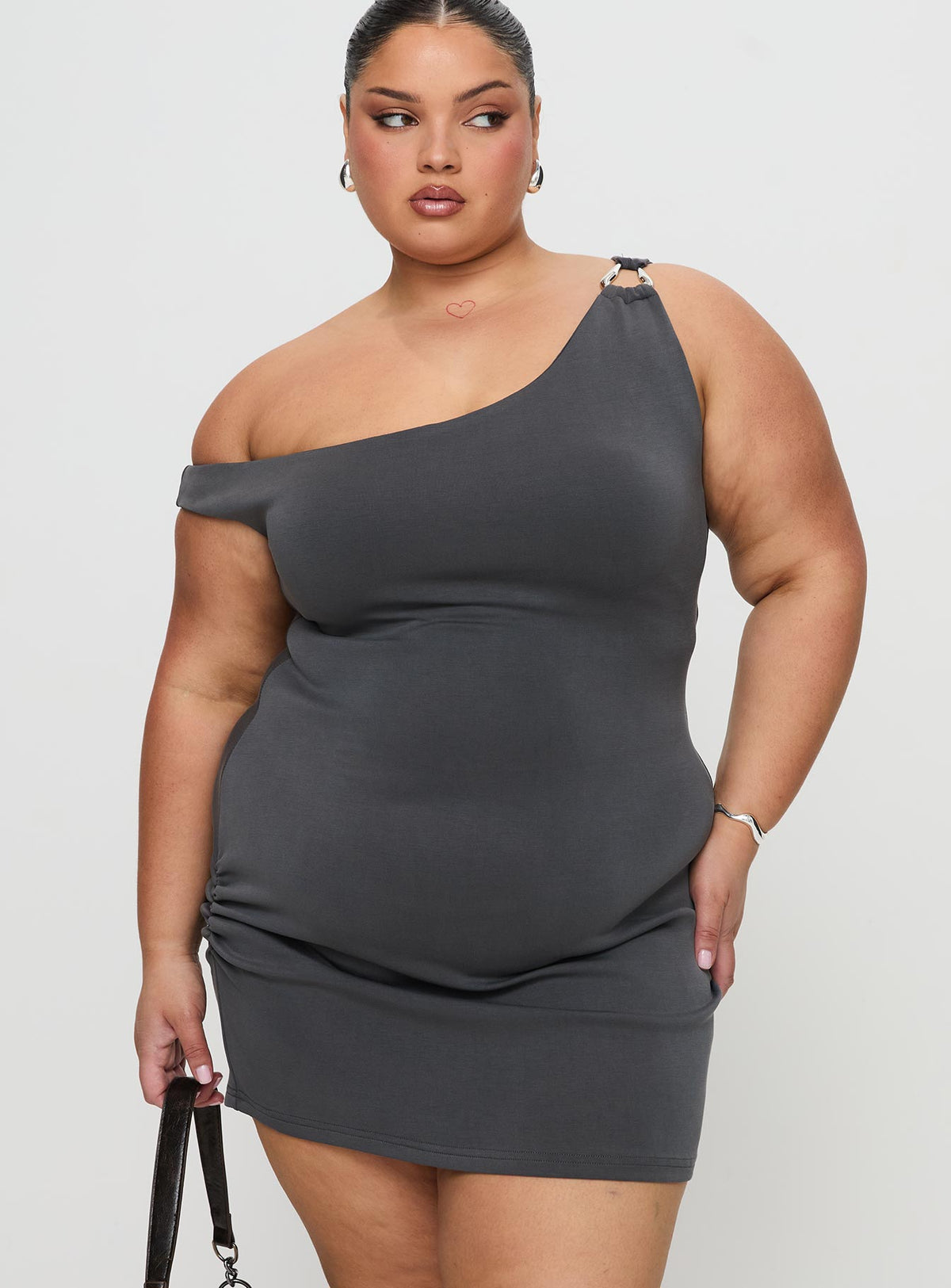 True Desires Off The Shoulder Mini Dress Grey Asymmetric Neckline 