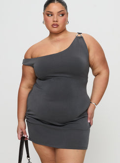True Desires Off The Shoulder Mini Dress Grey Asymmetric Neckline 