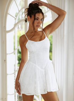 front view of model wearing Princess Polly Diviner Burnout Mini Dress White Scoop Neck 