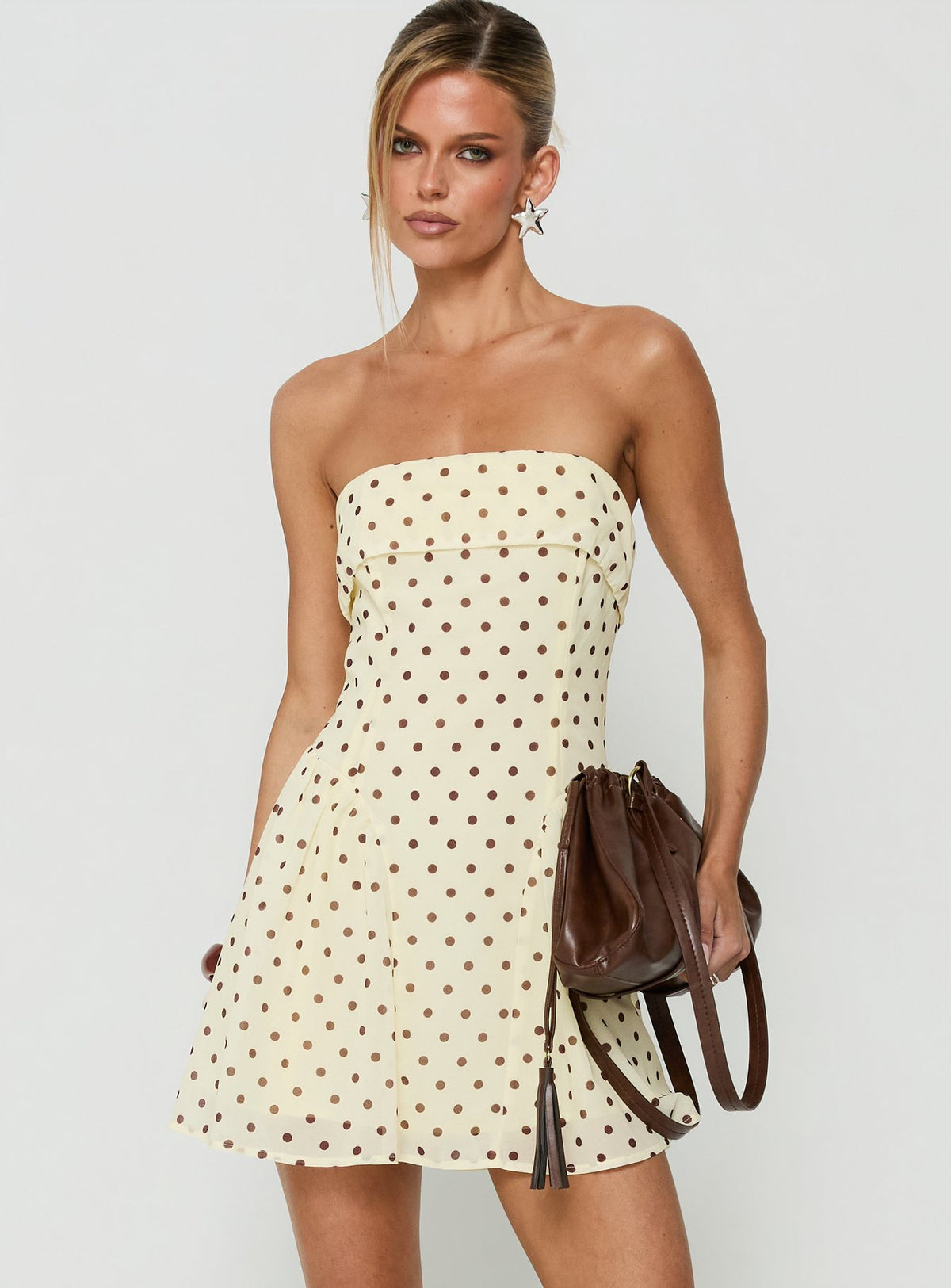 Dalona Strapless Drop Waist Mini Dress Yellow Polka Dot