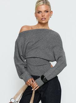 Showcasing the Kaelith Off shoulder Knit Sweater Dark Grey in womens-jumpers with short length front view of model wearing Princess Polly