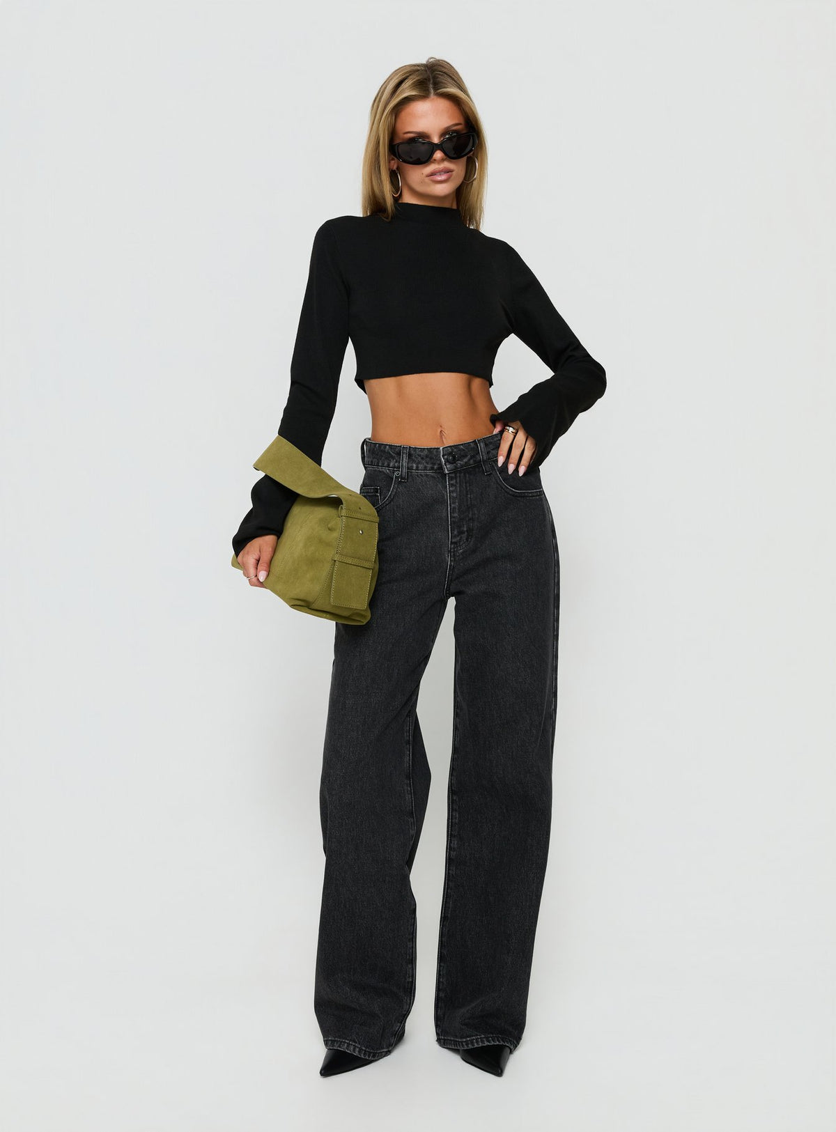 Featuring Konstanze High Rise Baggy Jeans Washed Black womens-jeans front view of model wearing Princess Polly
