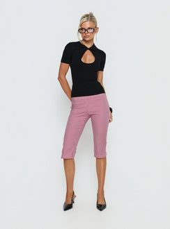Showcasing Rossie Capri Pants Red Gingham womens-regular-pants with high-rise front view of model wearing
