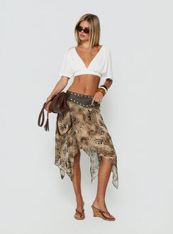 Shop the Dark Mirage Asymmetrical Midi Skirt in Leopard print with relaxed fit and belt detail front view of model wearing Princess Polly