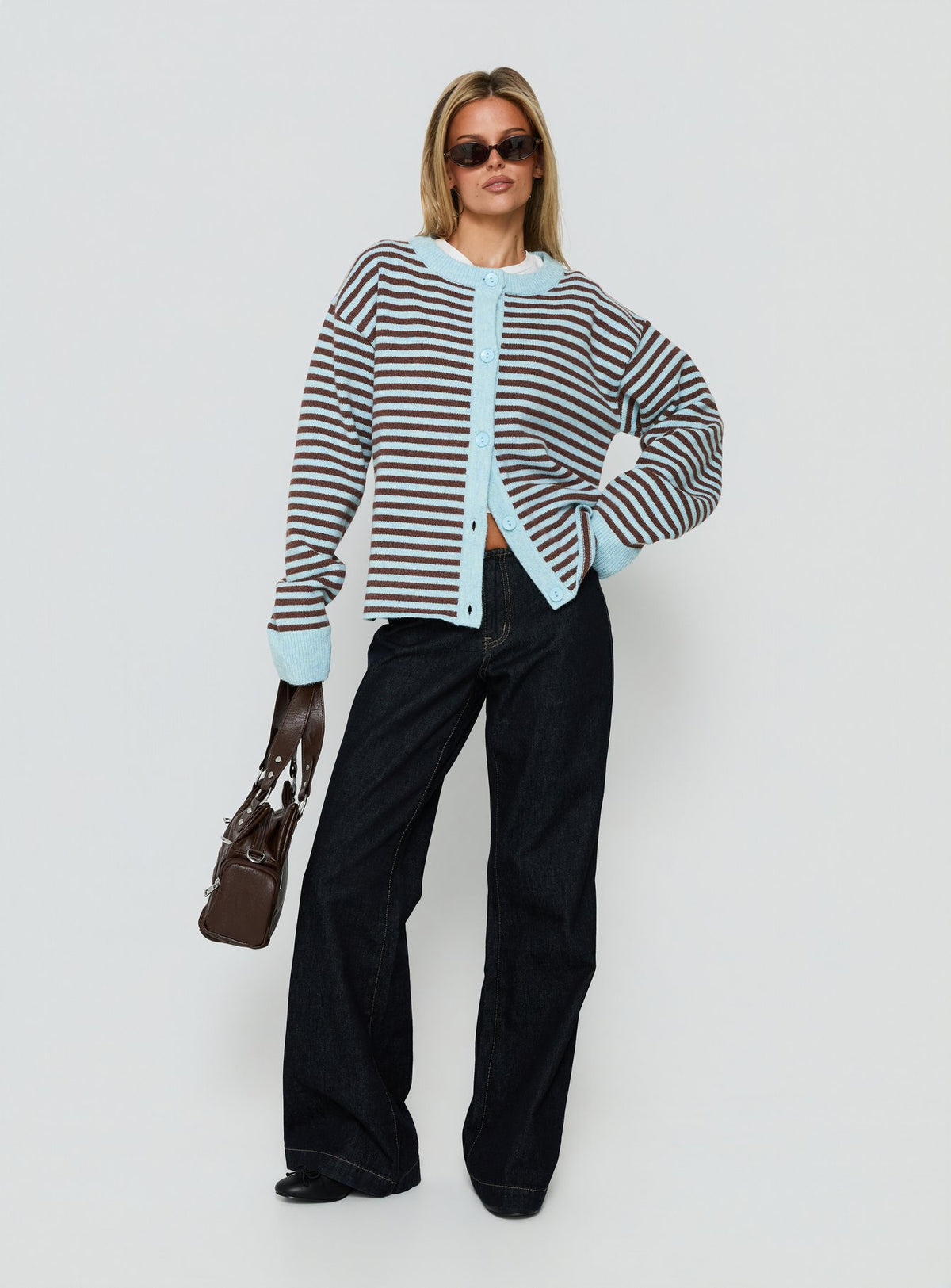 Featuring the Darnelle Button Up Knit Cardigan Mint Chocolate Stripe womens-jumpers with short length side view of model wearing Princess Polly