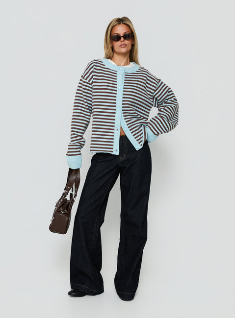 Featuring the Darnelle Button Up Knit Cardigan Mint Chocolate Stripe womens-jumpers with short length side view of model wearing Princess Polly