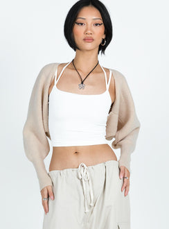 front view of model wearing Princess Polly Aviana Cardigan Beige Marle cropped Jumpers 
