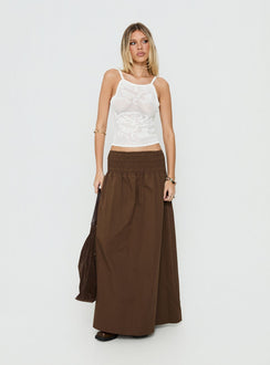 Showcasing the Thessa Ruched Maxi Skirt Chocolate in womens-skirts with maxi length front view of model wearing Princess Polly