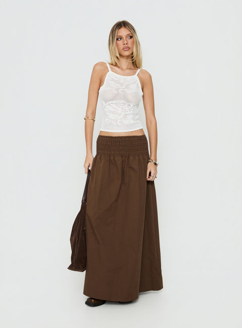 Showcasing the Thessa Ruched Maxi Skirt Chocolate in womens-skirts with maxi length front view of model wearing Princess Polly