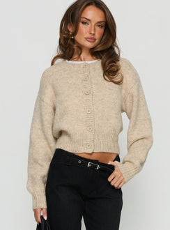 front view of model wearing Princess Polly Trevonn Button Up Knit Cardigan Beige Cropped Jumpers 