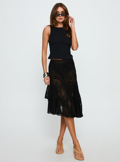   side view of model wearing Princess Polly Mellissa Sheer Textured Midi Skirt Black 
