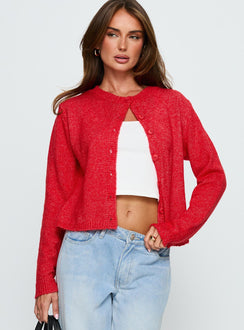 front view of model wearing Princess Polly Denmark Cardigan Red cropped Jumpers 